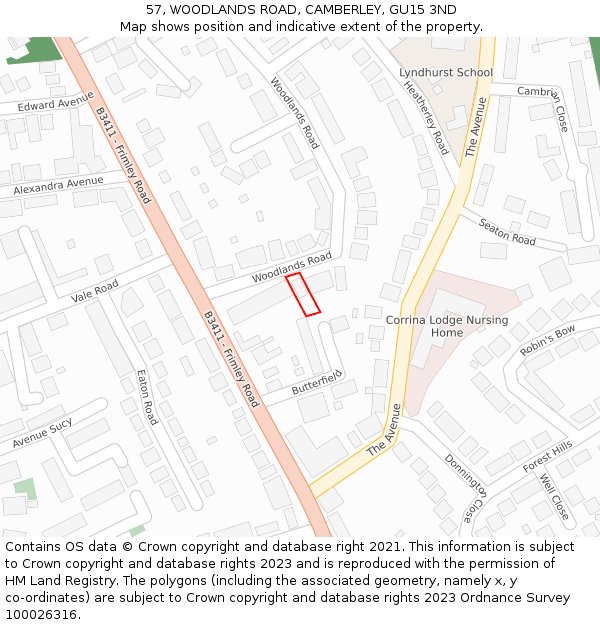 57, WOODLANDS ROAD, CAMBERLEY, GU15 3ND: Location map and indicative extent of plot
