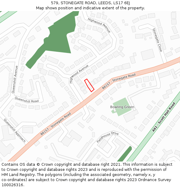 579, STONEGATE ROAD, LEEDS, LS17 6EJ: Location map and indicative extent of plot