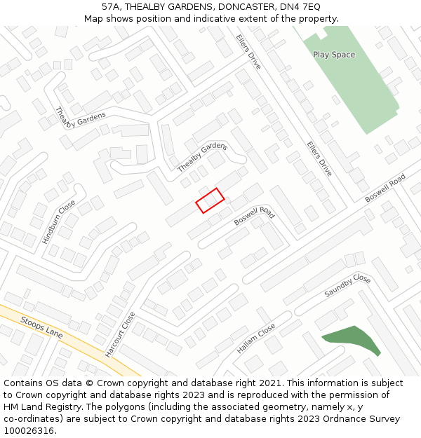 57A, THEALBY GARDENS, DONCASTER, DN4 7EQ: Location map and indicative extent of plot