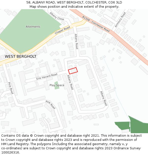 58, ALBANY ROAD, WEST BERGHOLT, COLCHESTER, CO6 3LD: Location map and indicative extent of plot