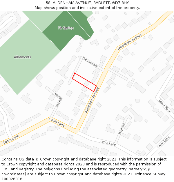 58, ALDENHAM AVENUE, RADLETT, WD7 8HY: Location map and indicative extent of plot