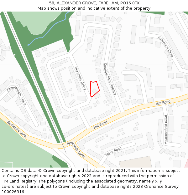 58, ALEXANDER GROVE, FAREHAM, PO16 0TX: Location map and indicative extent of plot