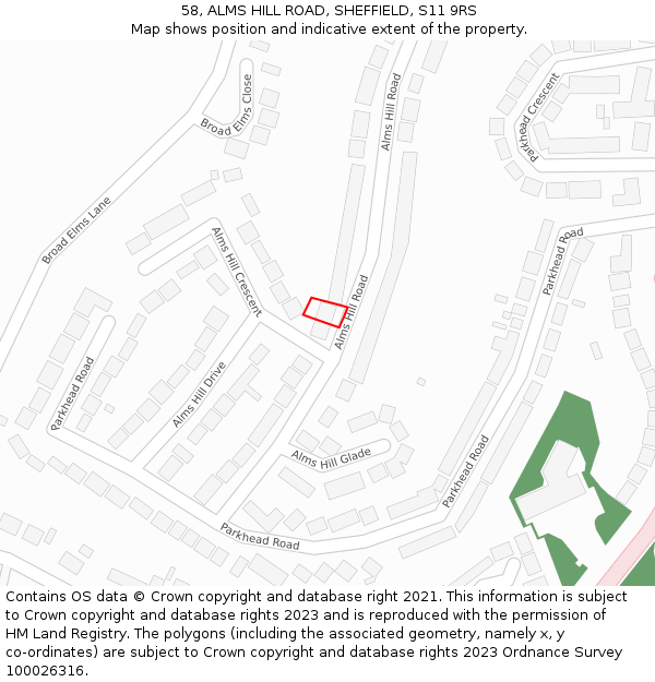 58, ALMS HILL ROAD, SHEFFIELD, S11 9RS: Location map and indicative extent of plot