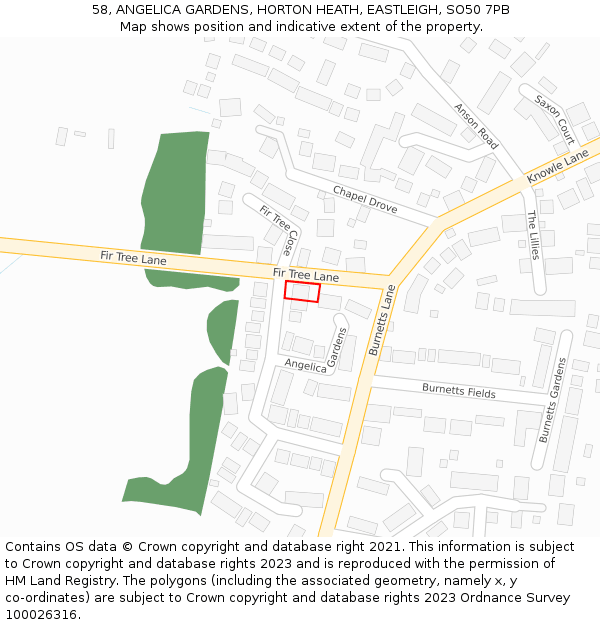 58, ANGELICA GARDENS, HORTON HEATH, EASTLEIGH, SO50 7PB: Location map and indicative extent of plot
