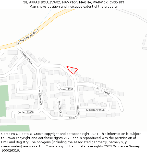 58, ARRAS BOULEVARD, HAMPTON MAGNA, WARWICK, CV35 8TT: Location map and indicative extent of plot