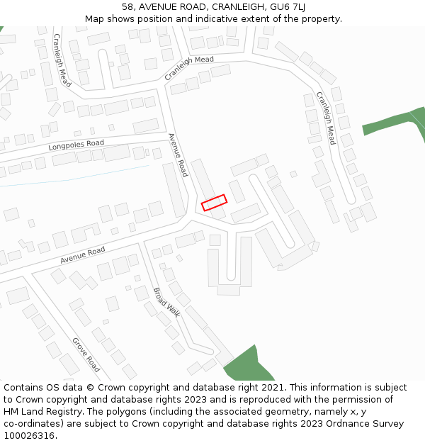 58, AVENUE ROAD, CRANLEIGH, GU6 7LJ: Location map and indicative extent of plot