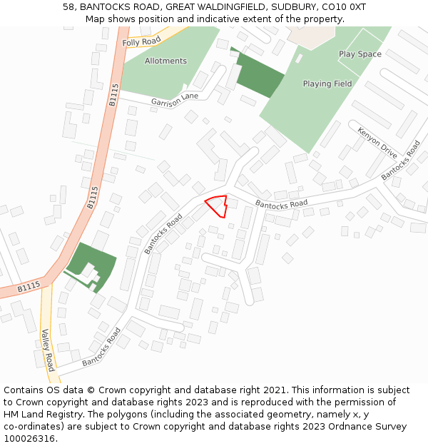 58, BANTOCKS ROAD, GREAT WALDINGFIELD, SUDBURY, CO10 0XT: Location map and indicative extent of plot