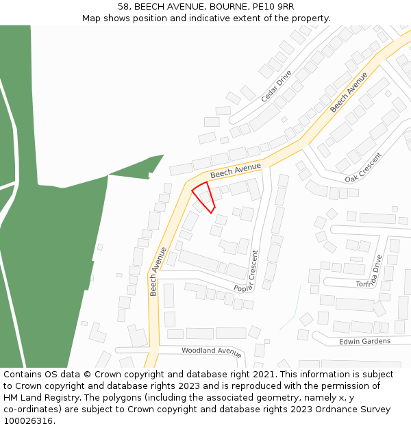 58, BEECH AVENUE, BOURNE, PE10 9RR: Location map and indicative extent of plot