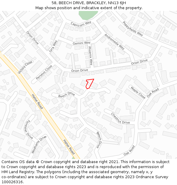 58, BEECH DRIVE, BRACKLEY, NN13 6JH: Location map and indicative extent of plot