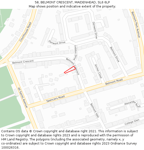 58, BELMONT CRESCENT, MAIDENHEAD, SL6 6LP: Location map and indicative extent of plot