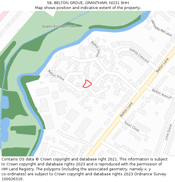 58, BELTON GROVE, GRANTHAM, NG31 9HH: Location map and indicative extent of plot