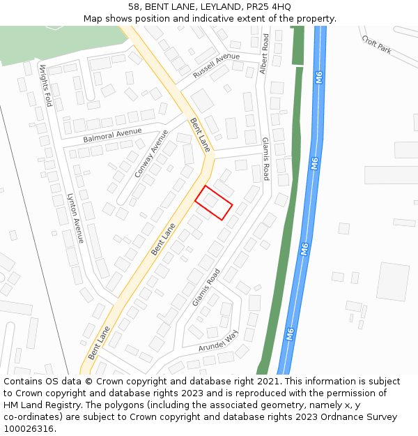 58, BENT LANE, LEYLAND, PR25 4HQ: Location map and indicative extent of plot