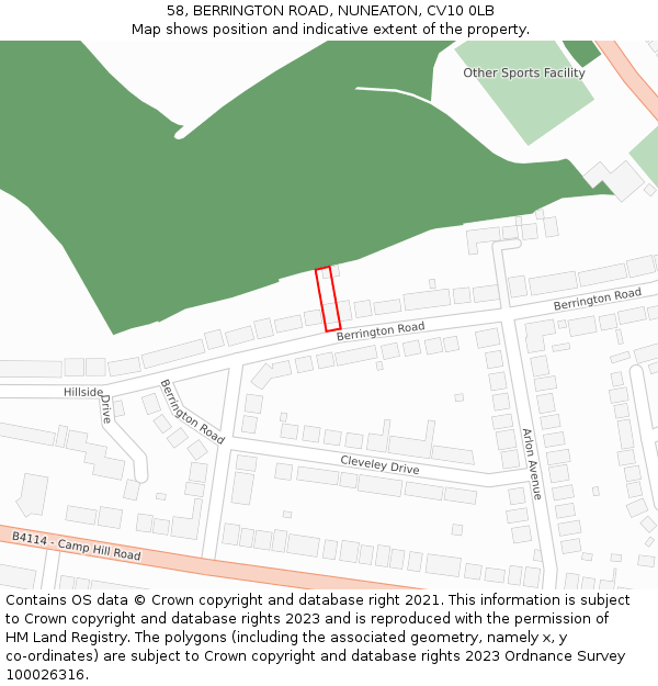 58, BERRINGTON ROAD, NUNEATON, CV10 0LB: Location map and indicative extent of plot