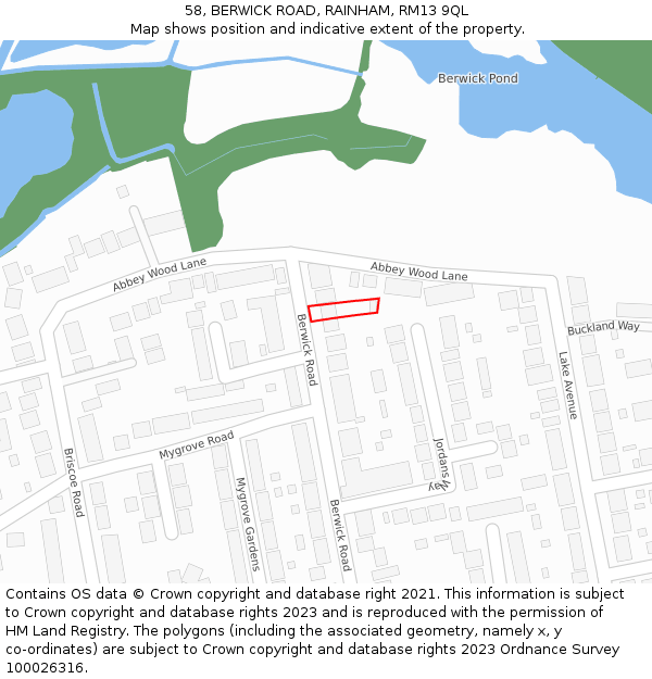 58, BERWICK ROAD, RAINHAM, RM13 9QL: Location map and indicative extent of plot