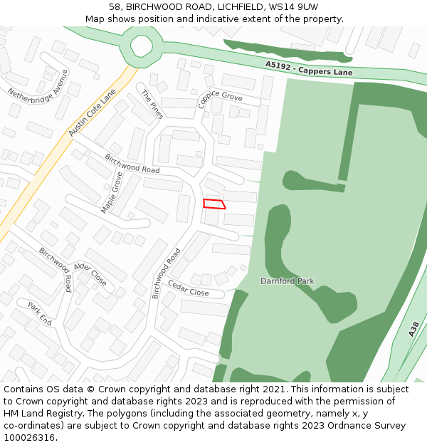 58, BIRCHWOOD ROAD, LICHFIELD, WS14 9UW: Location map and indicative extent of plot