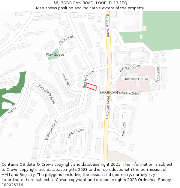 58, BODRIGAN ROAD, LOOE, PL13 1EQ: Location map and indicative extent of plot