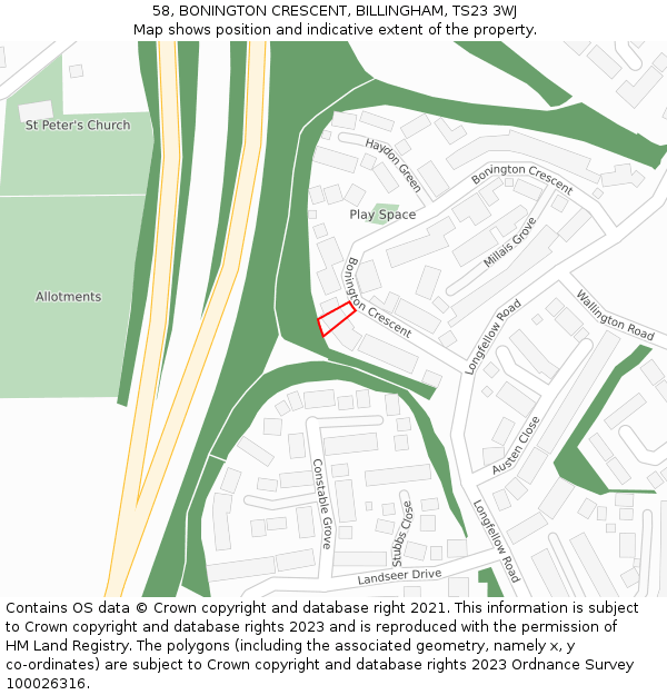 58, BONINGTON CRESCENT, BILLINGHAM, TS23 3WJ: Location map and indicative extent of plot