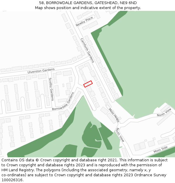 58, BORROWDALE GARDENS, GATESHEAD, NE9 6ND: Location map and indicative extent of plot