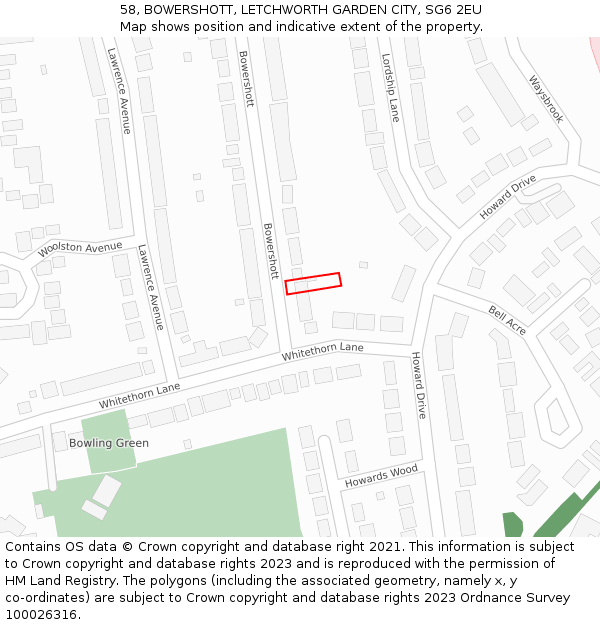 58, BOWERSHOTT, LETCHWORTH GARDEN CITY, SG6 2EU: Location map and indicative extent of plot