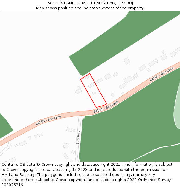 58, BOX LANE, HEMEL HEMPSTEAD, HP3 0DJ: Location map and indicative extent of plot