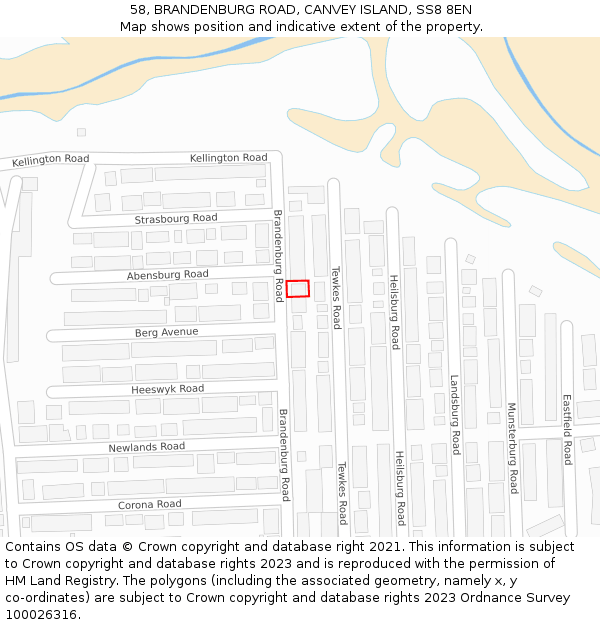 58, BRANDENBURG ROAD, CANVEY ISLAND, SS8 8EN: Location map and indicative extent of plot