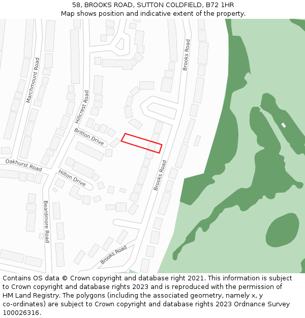 58, BROOKS ROAD, SUTTON COLDFIELD, B72 1HR: Location map and indicative extent of plot