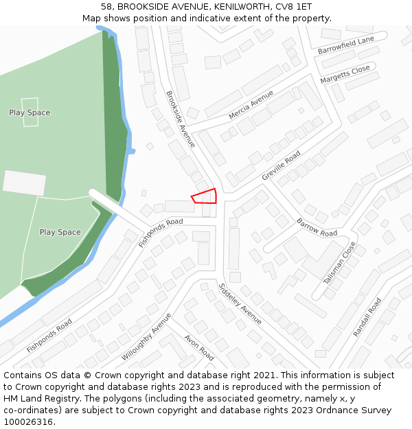58, BROOKSIDE AVENUE, KENILWORTH, CV8 1ET: Location map and indicative extent of plot