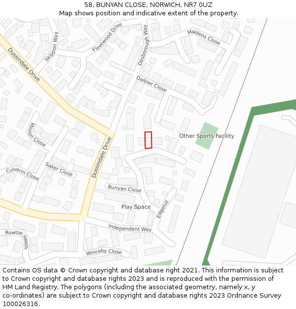 58, BUNYAN CLOSE, NORWICH, NR7 0UZ: Location map and indicative extent of plot