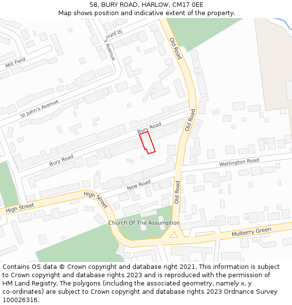58, BURY ROAD, HARLOW, CM17 0EE: Location map and indicative extent of plot