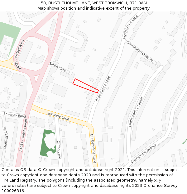 58, BUSTLEHOLME LANE, WEST BROMWICH, B71 3AN: Location map and indicative extent of plot