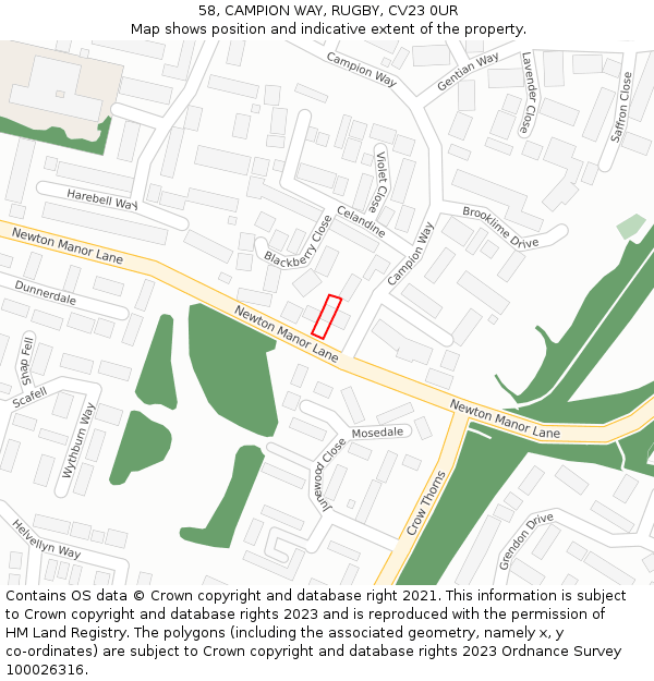 58, CAMPION WAY, RUGBY, CV23 0UR: Location map and indicative extent of plot