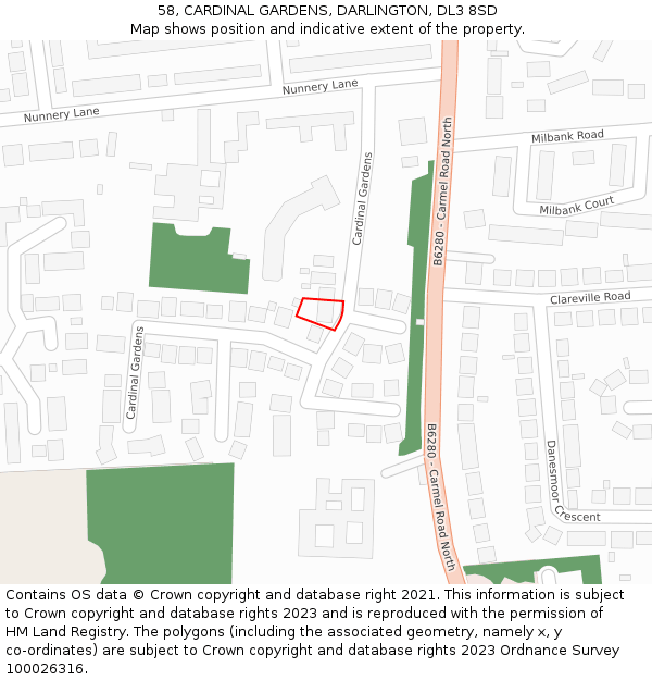 58, CARDINAL GARDENS, DARLINGTON, DL3 8SD: Location map and indicative extent of plot
