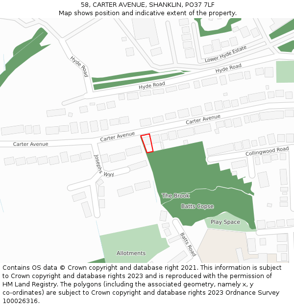 58, CARTER AVENUE, SHANKLIN, PO37 7LF: Location map and indicative extent of plot