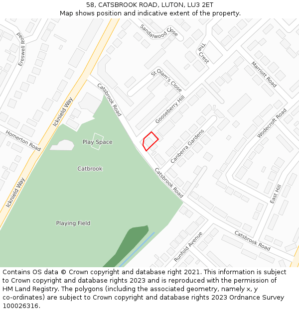 58, CATSBROOK ROAD, LUTON, LU3 2ET: Location map and indicative extent of plot