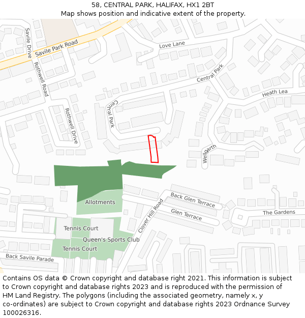 58, CENTRAL PARK, HALIFAX, HX1 2BT: Location map and indicative extent of plot