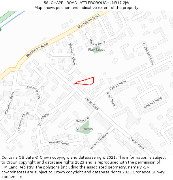 58, CHAPEL ROAD, ATTLEBOROUGH, NR17 2JW: Location map and indicative extent of plot