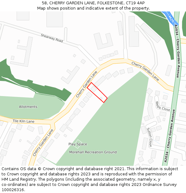 58, CHERRY GARDEN LANE, FOLKESTONE, CT19 4AP: Location map and indicative extent of plot