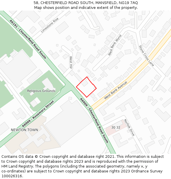 58, CHESTERFIELD ROAD SOUTH, MANSFIELD, NG19 7AQ: Location map and indicative extent of plot