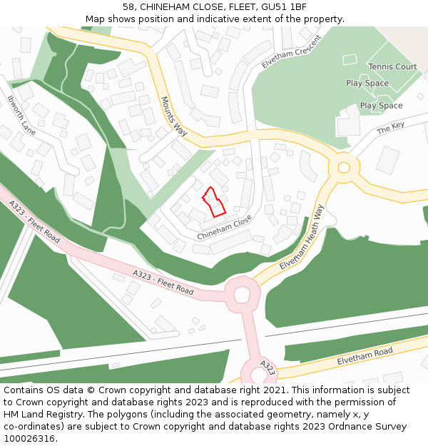 58, CHINEHAM CLOSE, FLEET, GU51 1BF: Location map and indicative extent of plot