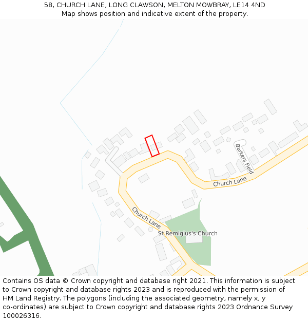 58, CHURCH LANE, LONG CLAWSON, MELTON MOWBRAY, LE14 4ND: Location map and indicative extent of plot