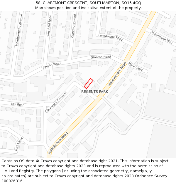 58, CLAREMONT CRESCENT, SOUTHAMPTON, SO15 4GQ: Location map and indicative extent of plot