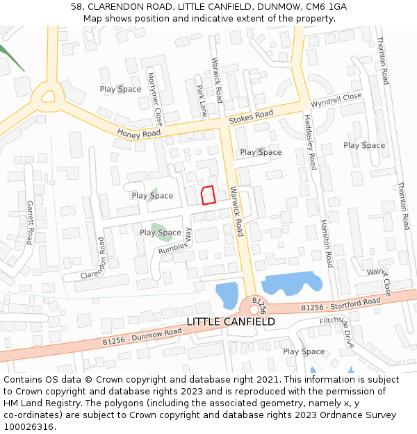 58, CLARENDON ROAD, LITTLE CANFIELD, DUNMOW, CM6 1GA: Location map and indicative extent of plot