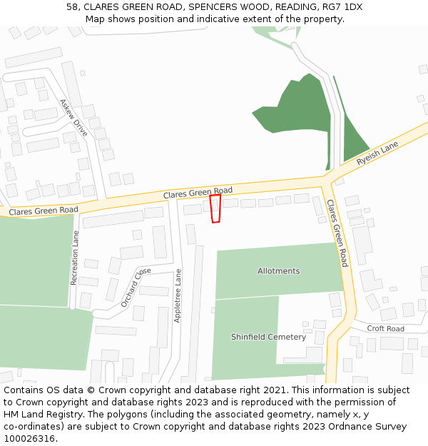 58, CLARES GREEN ROAD, SPENCERS WOOD, READING, RG7 1DX: Location map and indicative extent of plot