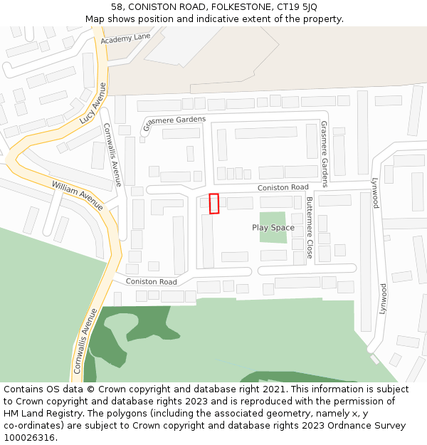 58, CONISTON ROAD, FOLKESTONE, CT19 5JQ: Location map and indicative extent of plot