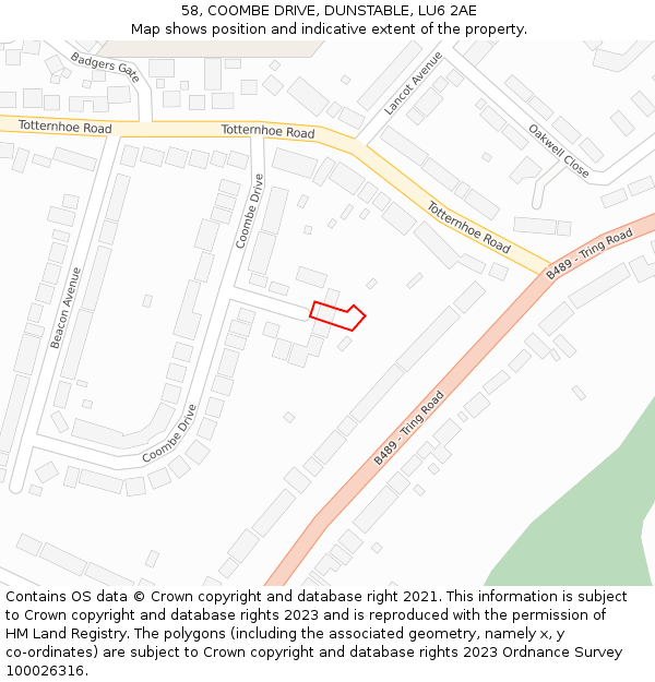 58, COOMBE DRIVE, DUNSTABLE, LU6 2AE: Location map and indicative extent of plot