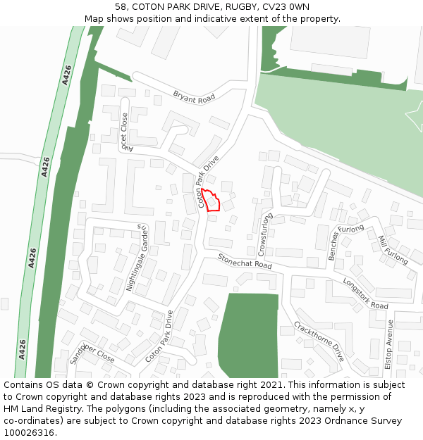 58, COTON PARK DRIVE, RUGBY, CV23 0WN: Location map and indicative extent of plot