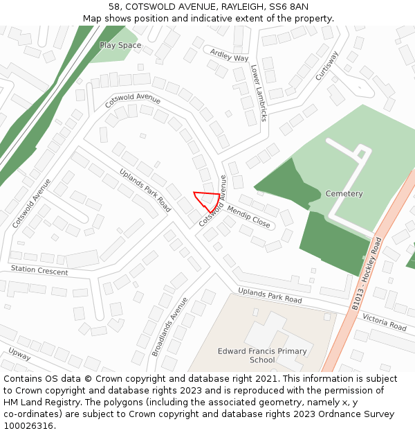 58, COTSWOLD AVENUE, RAYLEIGH, SS6 8AN: Location map and indicative extent of plot