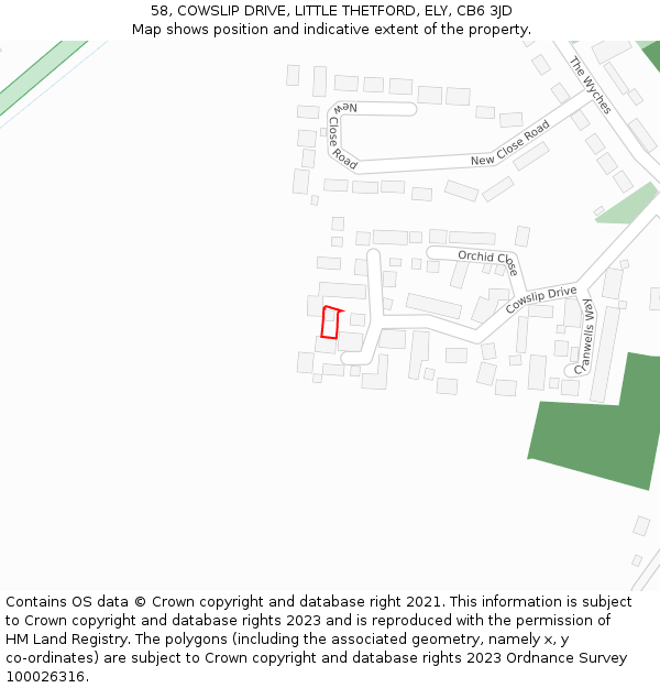 58, COWSLIP DRIVE, LITTLE THETFORD, ELY, CB6 3JD: Location map and indicative extent of plot