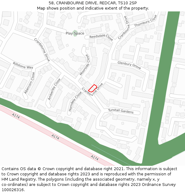 58, CRANBOURNE DRIVE, REDCAR, TS10 2SP: Location map and indicative extent of plot