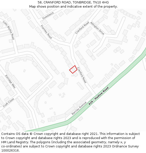 58, CRANFORD ROAD, TONBRIDGE, TN10 4HG: Location map and indicative extent of plot